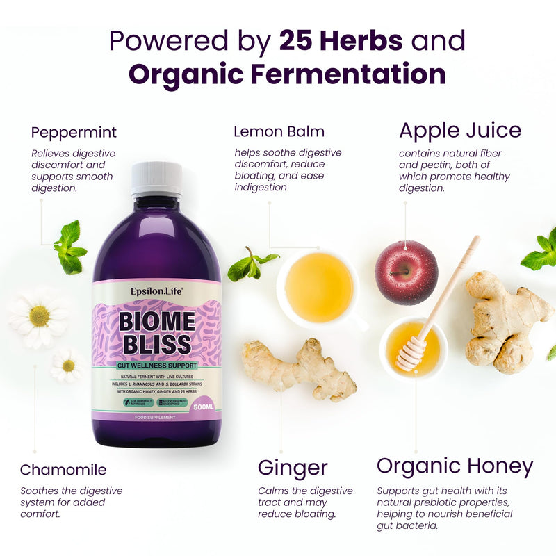 Biome Bliss Complete Gut Repair Probiotic Drink with Saccharomyces Boulardii & Live Bacterial Cultures | Natural Probiotics for Gut Health | 100% Organic Ingredients | Apple Juice & Honey | 25 Herbs