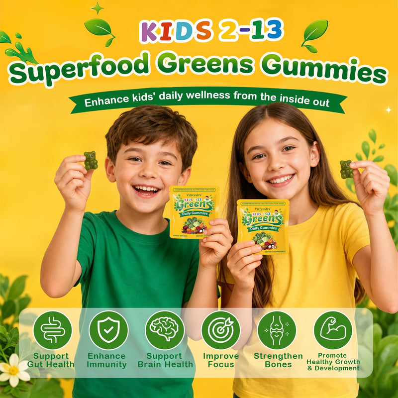 Greens Daily Gummies for Kids, Super Greens Gummies Kids Superfood Multivitamin Gummies with Fruits & Veggies, Alfalfa, Spirulina, Chlorella, Adaptogens, Prebiotic Fiber for Digestive Health, 90 Count