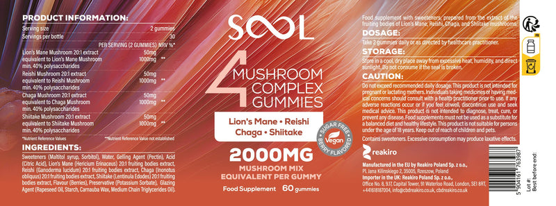 SOOL 4 Mushroom Complex Gummies 2000mg, 60pcs, Berry Flavour: Chaga, Reishi, Shiitake, Lions Mane Supplement | Nootropics Gummies High Strength | Memory & Focus, Energy, Immunity Booster Supplement 60 count (Pack of 1)