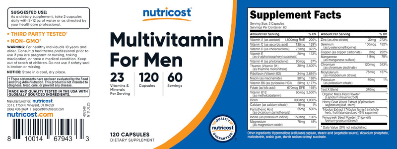 [Australia] - Nutricost Multivitamin for Men 120 Capsules - Vitamins and Minerals for The Healthy Man 120 Count (Pack of 1) 