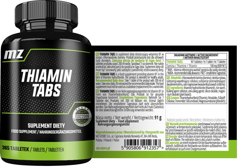 Thiamine 100 mg (Vitamin B1) - 365 Vegan Tablets - Full Year Supply - Supports Heart and Nervous System - Dietary Supplement by MZ-Store