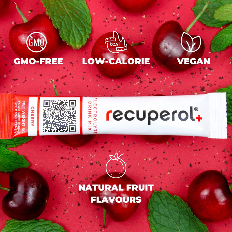 Recuperol Electrolytes Sachets - Rehydration Electrolytes Powder with Zinc, Vitamin C, B12, D3 & Potassium for Hydration - Sugar Free, Vegan & Low Calorie - Cherry 20 Pack