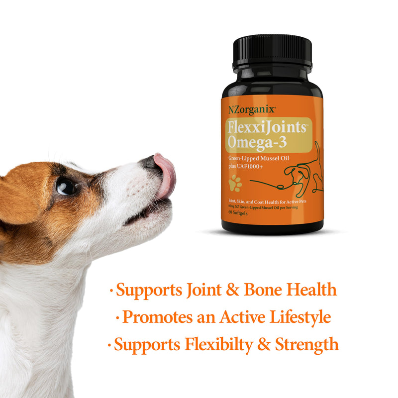 FlexxiJoints Omega-3 Hip and Joint Supplement • Green-Lipped Mussel Omega-3 Oil for Dogs • 100% New Zealand Green-Lipped Mussels (60 Softgels) - PawsPlanet Australia