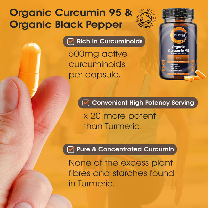Curcumin 95 | Organic | Curcumin Capsules High Strength with Black Pepper | 500mg Pure Turmeric Curcumin 95 & 10mg Organic Black Pepper | 60 Capsules 2 Month Supply | By Clearwave Health