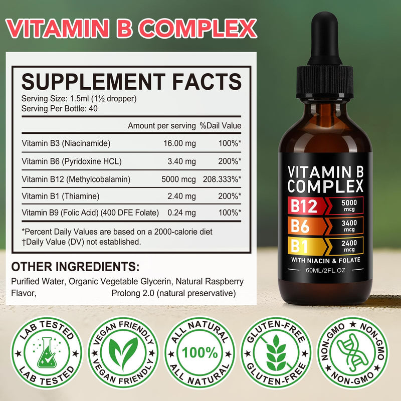 Vitamin B Complex Liquid Drops, 60ml High Strength B-Vitamin Complex Drops Vitamin B3 B6 B12 B1& Folate, Supports Immune System and Energy Levels, Brain Heart Function (60ML) 60 ml (Pack of 1)