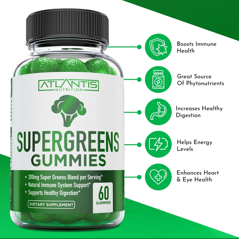 Supergreen, Magnesium & Ashwagandha Gummies - Improves Sleep & Helps Muscle Cramps, Supergreens with Spinach, Broccoli, Beetroot, Green Tea, & Acai for Immune Support - 60 Gummies