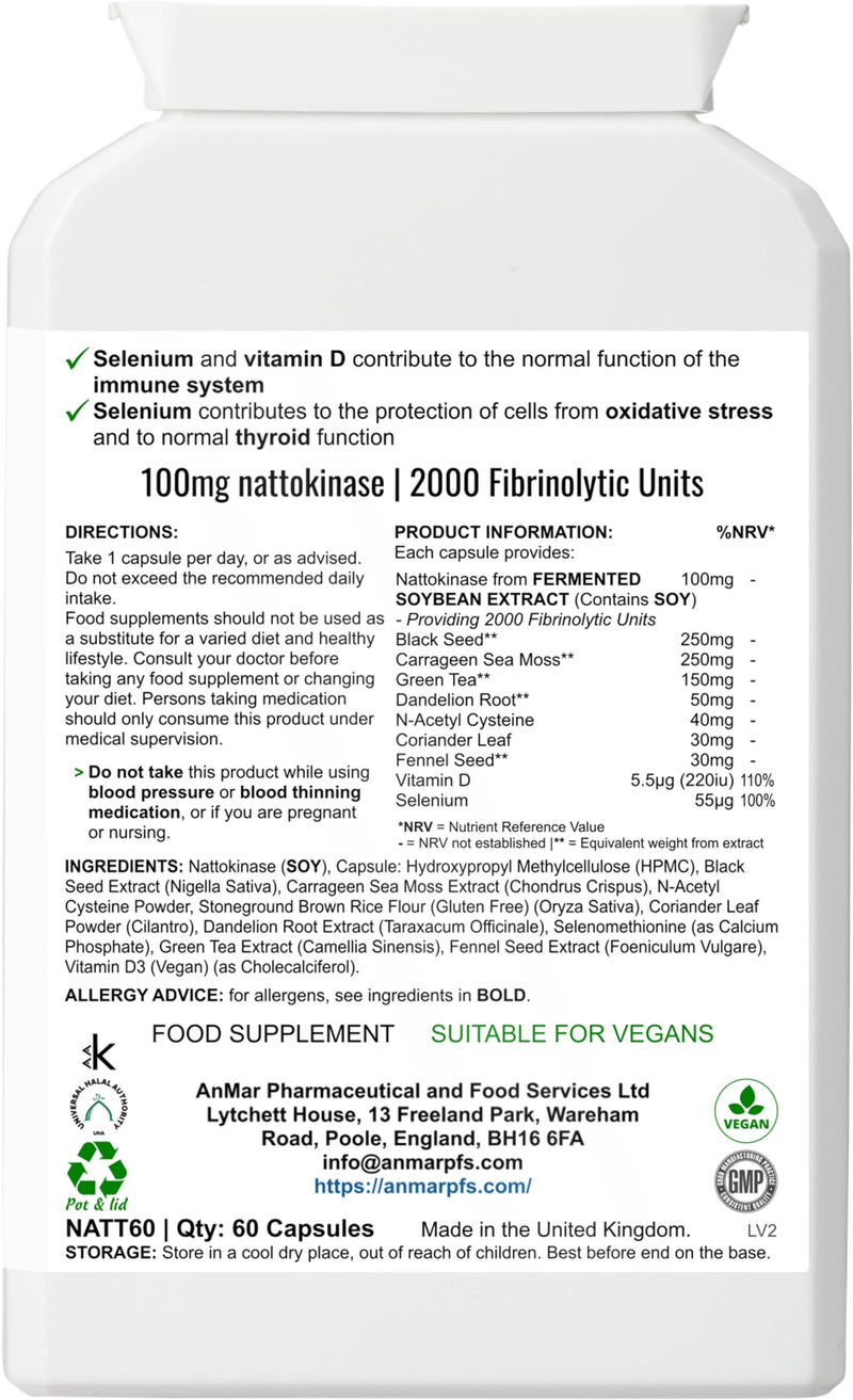 AnMar® Nattokinase Complex 2000 FU – 100mg Nattokinase Enzyme with Black Seed, Green Tea & Selenium – Fermented Soy Nattokinase Supplement – 60 Vegan Capsules