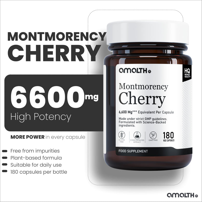 Amalth Montmorency Cherry Capsules 6600mg Equivalent – 180 Tart Cherry Capsules – Alternative to Tart Cherry Juice & Montmorency Cherry Juice – Vegan Friendly – Non-GMO & Gluten Free
