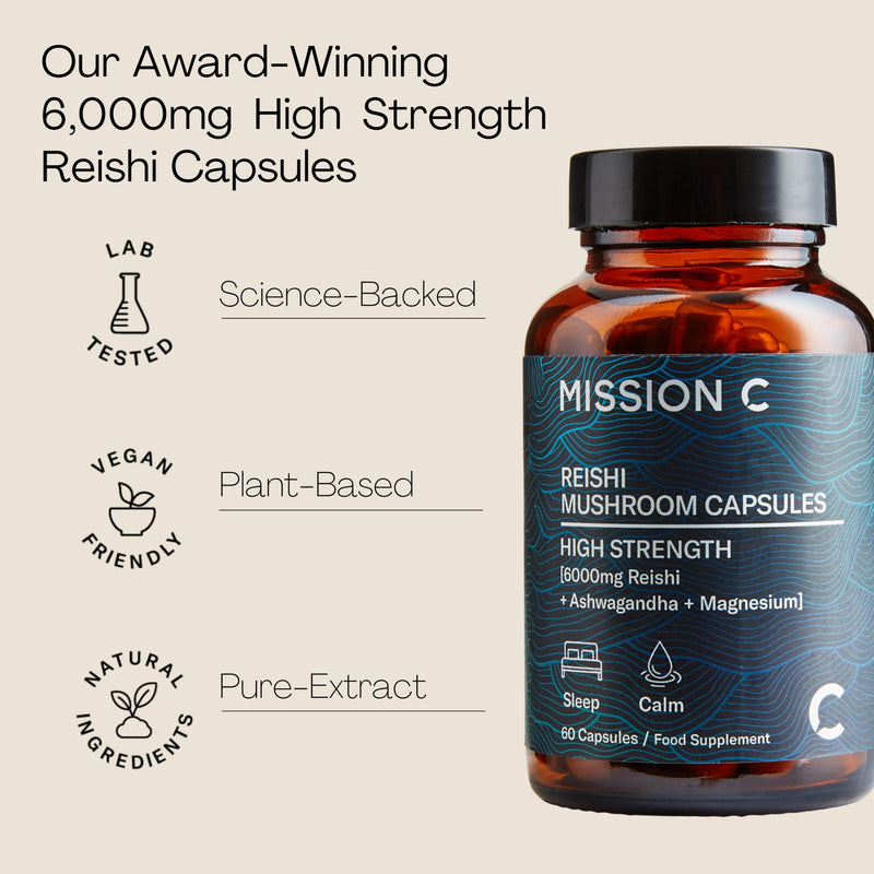 Reishi Mushroom Capsules 6000mg with Added Magnesium and Ashwagandha | Nootropic Supplement for Sleep, Relaxation, Calm | 60 Two-a-Day Vegan Capsules - Mission C Reishi, Vegan