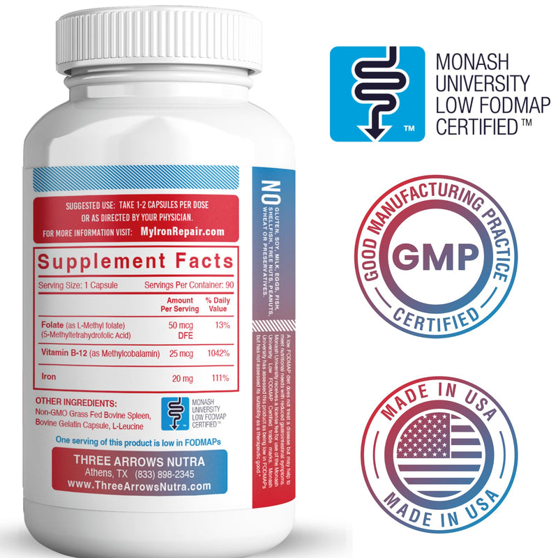 [Australia] - Iron Repair PLUS Heme Iron Supplement, Best Absorption Gentle on Stomach, Monash Low FODMAP, Raise Hemoglobin & Ferritin for Women, Teens & Pregnancy Methylated B-12 & Folate, 90 Gelatin Capsules 