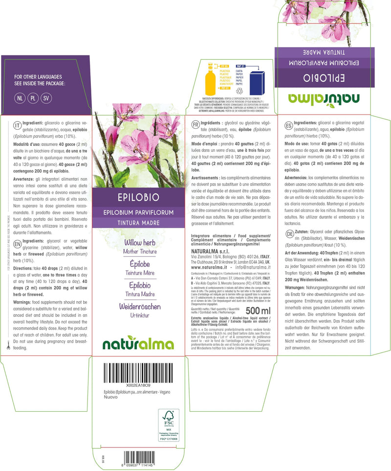 Willow herb or Fireweed (Epilobium parviflorum) herb Alcohol-Free Mother Tincture Naturalma - Liquid Extract Drops 500 ml - Food Supplement - Vegan 500 ml (Pack of 1)