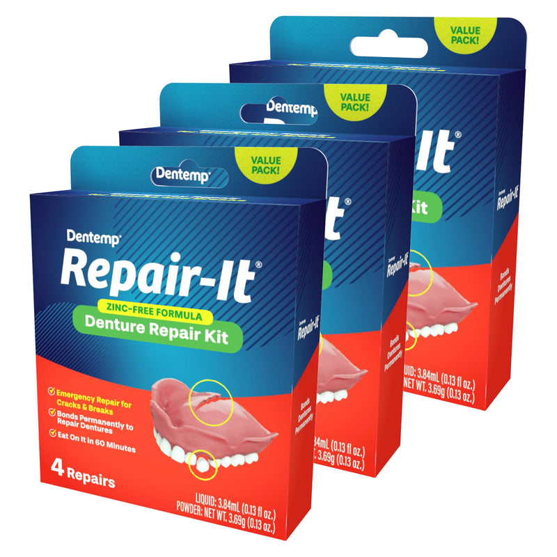 Dentemp Repair Kit - Repair-It Advanced Formula Denture Repair Kit - Repairs Broken Dentures, Mends Cracks and Replace Loose Teeth (2 Pack (12 Count)) Pack of 3 (12 Repairs)