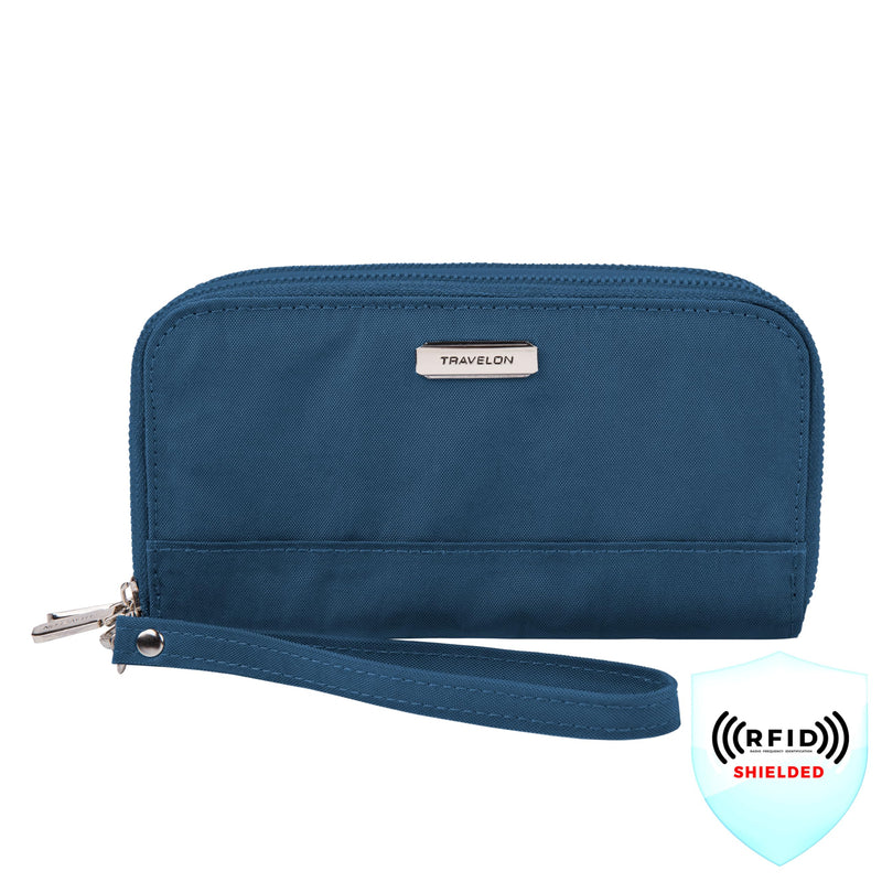 Travelon RFID Blocking Double Zip Wallet Blue 7.5”W x 4”H x 1.25”D