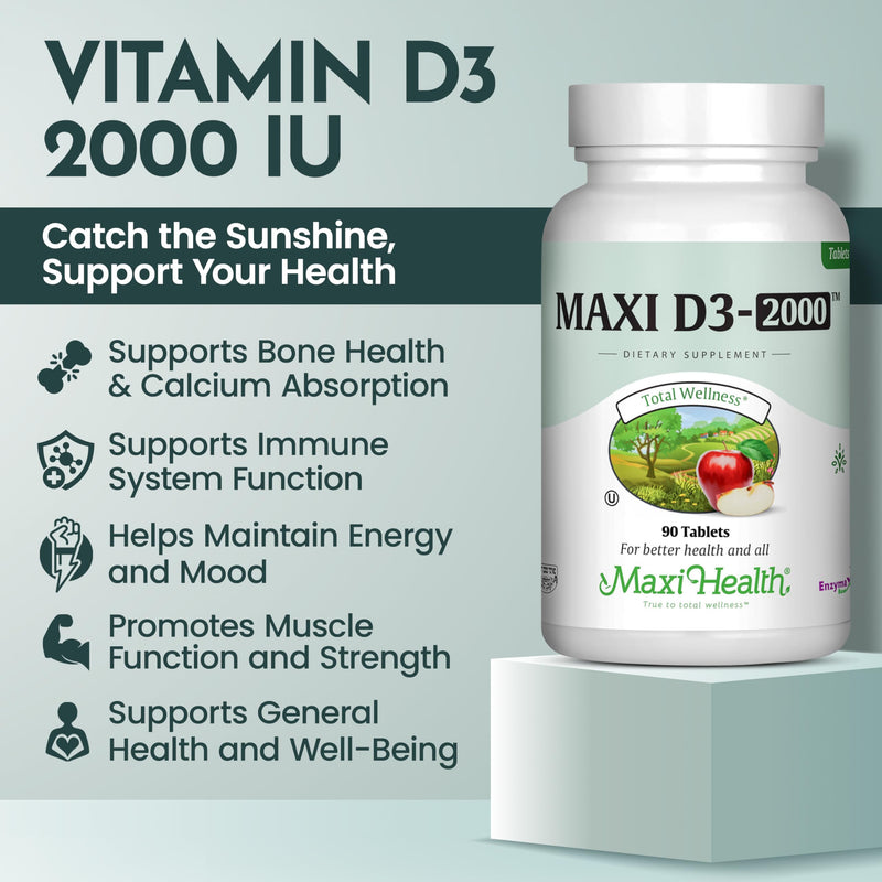 Maxi Health® Vitamin D3 2000IU Supplement (90 Tablets) | Kosher | Vitamin D Immune Support Supplement | Calcium Absorption, Bone, Teeth & Muscle Support | Non-GMO | Doctor Formulated 90 Count (Pack of 1)