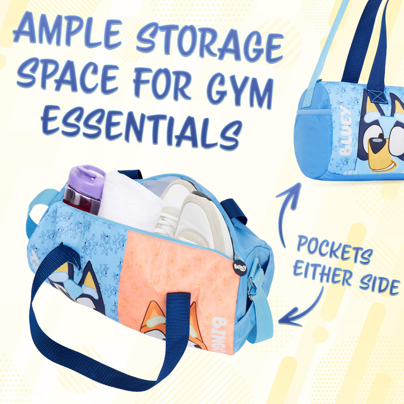 Bluey Gym Bag for Kids Duffle Bag Cute Travel Holdall Weekend Bag for Sports Gym Class Swimming Dance with Side Pockets Travel Essentials Bingo Bluey Bingo