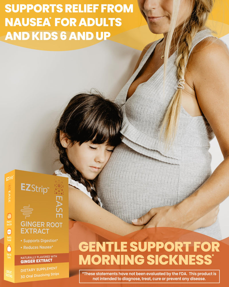 [Australia] - Ease Supplement - Ginger Flavor, 30 Count - Dissolving Strips with Ginger Root Help Support Nausea Relief, Morning and Motion Sickness, and Digestion - Made in The USA, Sugar and Gluten-Free 