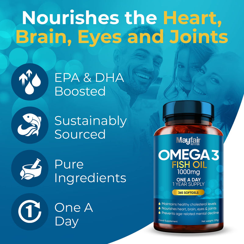 Omega 3 1000mg Capsules - 365 Fish Oil Tablets with EPA & DHA - One a Day - Supports Heart, Vision, & Brain Health - 1 Year Supply - Made in UK