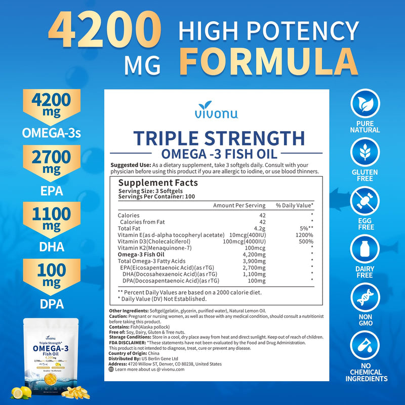 VivoNu Triple Strength Fish Oil Omega 3 Supplements - 4200mg, 300 Softgels | Enteric-Coated for No Fishy Aftertaste | for Women and Men | Wild-Caught | Third-Party Tested 300 Count (Pack of 1)