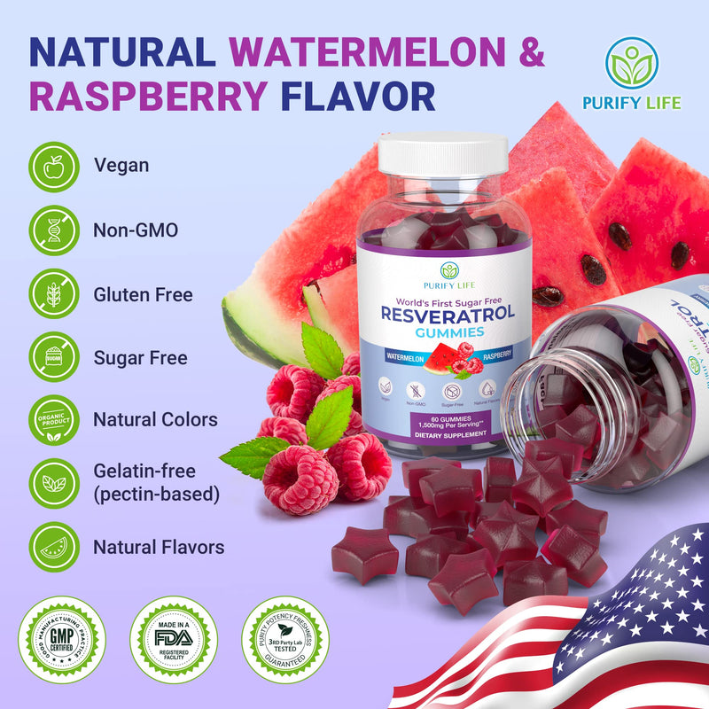 [Australia] - Purify Life Sugar-Free Resveratrol Gummies - Potent 1500mg Resveratrol Supplement to Support Digestive & Immune Health - Resveratrol Supplement for Antioxidant Support, Cell Regenerator & Repair Resveratrol Cell Repair 