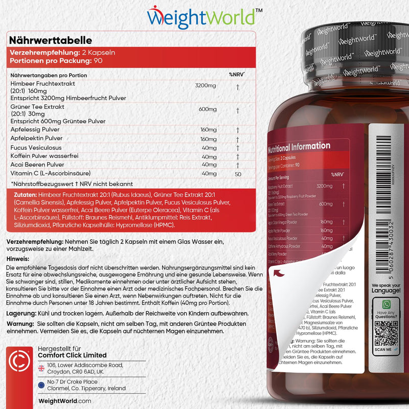 [Australia] - Raspberry Ketone Plus - 4280mg per serving - 180 vegan capsules - With vitamin C, apple cider vinegar, green tea, apple pectin - 3 month supply - Raspberry Ketone Plus - Without magnesium stearate - WeightWorld 