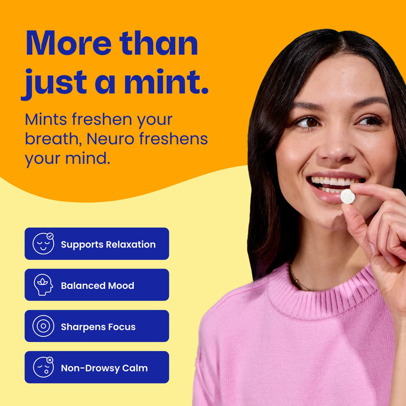 Neuro Calm & Clarity Mints - GABA L-Theanine Stress Supplement with Vitamin D3 - Non-Drowsy, Functional Calming Mints for Mood, Mental Clarity & Cognitive Function - Honey Lemon, 72 ct | Mood & Brain Support, Mental Clarity & Stress Supplement, GABA, L...