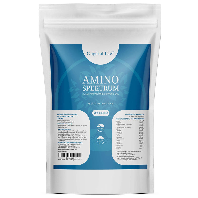 [Australia] - Origin of Life Amino Spectrum - 500 tablets of 1000 mg each - high dose & vegan - big pack - 18 amino acids including 8 EAA's & BCAA - laboratory tested - without magnesium stearate 