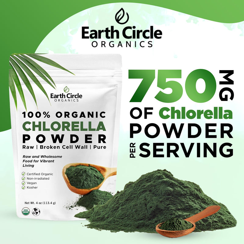 [Australia] - Earth Circle Organics Organic Chlorella Powder Superfood | Kosher | Broken Cell Wall Chlorophyll, Vegan, Super Green Algae, Clean Chlorella, High in Protein, Fiber & Amino Acids - 4oz 4 Ounce (Pack of 1) 