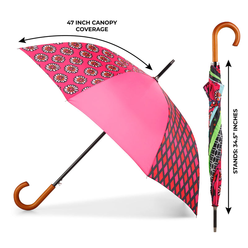 Totes Auto Open Water Repellent Stick Umbrella with Classic Wood J Hook Handle