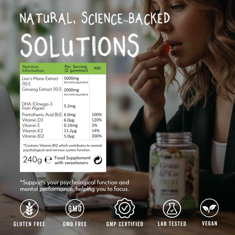 Grass & Co. Focus Max Mushroom Gummies, Vegan Lions Mane Gummies 5000mg with Vegan Algae Omega 3, Korean Ginseng, Vitamin B & Vitamin D, Elderflower & Lemon Flavour, 60 Count, High Strength