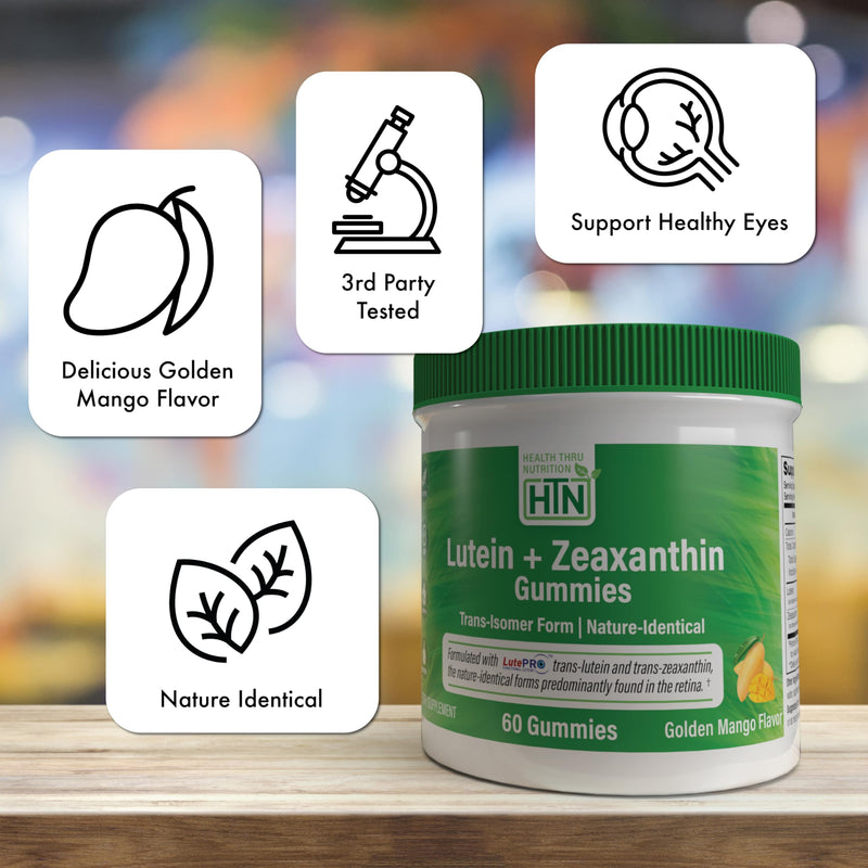 Health Thru Nutrition Lutein + Zeaxanthin Gummies | All-Trans Form | 20mg Lutein & 4mg Zeaxanthin Trans-isomers | Golden Mango Flavor | Eye Support | Non-GMO, Vegan| 60 Gummies