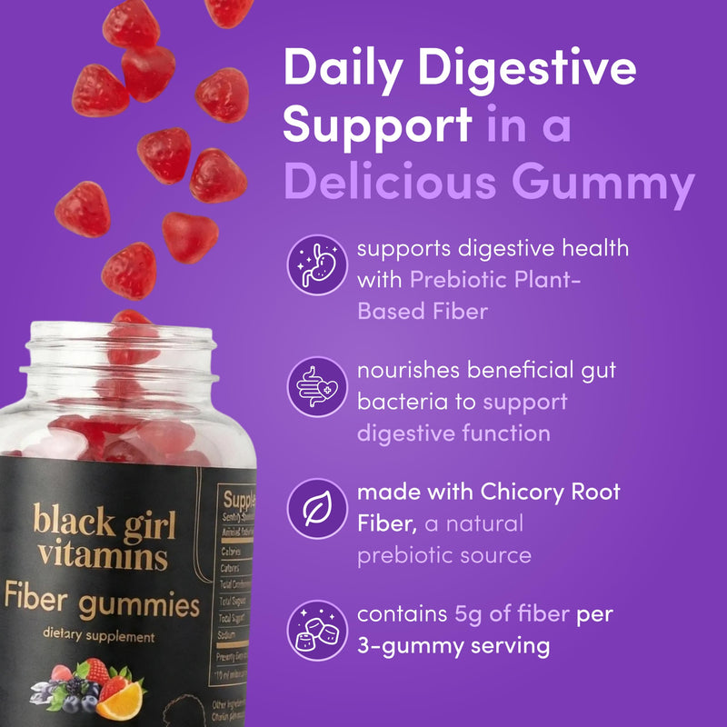 Black Girl Vitamins - Fiber Gummies - Prebiotic for Gut Health & Bloat Relief - Supports Digestion, Regularity & Microbiome Balance - Vegan, Gluten-Free, Halal (Orange & Mixed Berry, 30 Day Supply)