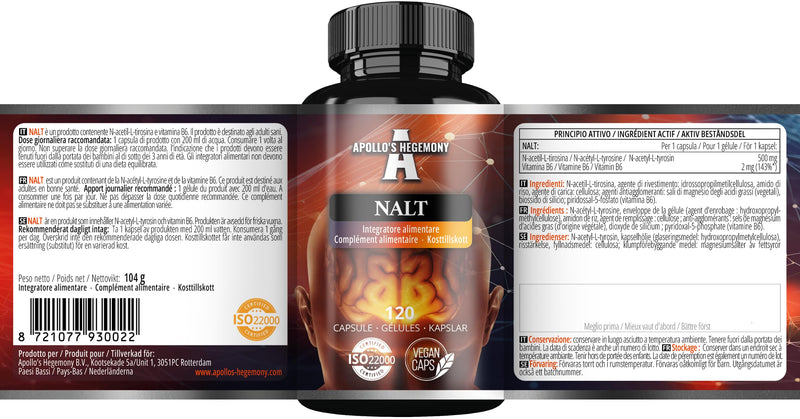 N-Acetyl-L-Tyrosine (NALT) 500mg and Active Vitamin B6 (P-5-P) 2mg - 120 Capsules - 4 Months Supply - High Strength Amino Acid Supplement - Cognitive Booster - by Apollo's Hegemony