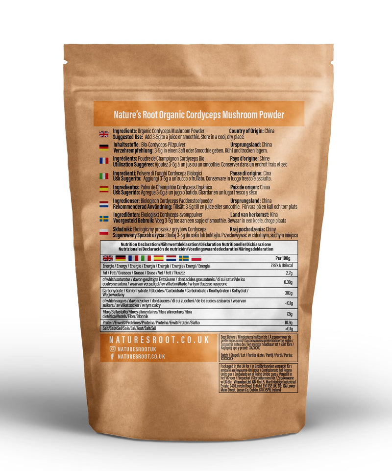 Natures Root Cordyceps Militaris Mushroom Powder 60g | Pure Fruiting Body | Premium Grade Fine Powder | Natural Energy & Vitality Support | Smooth Nutty Flavour