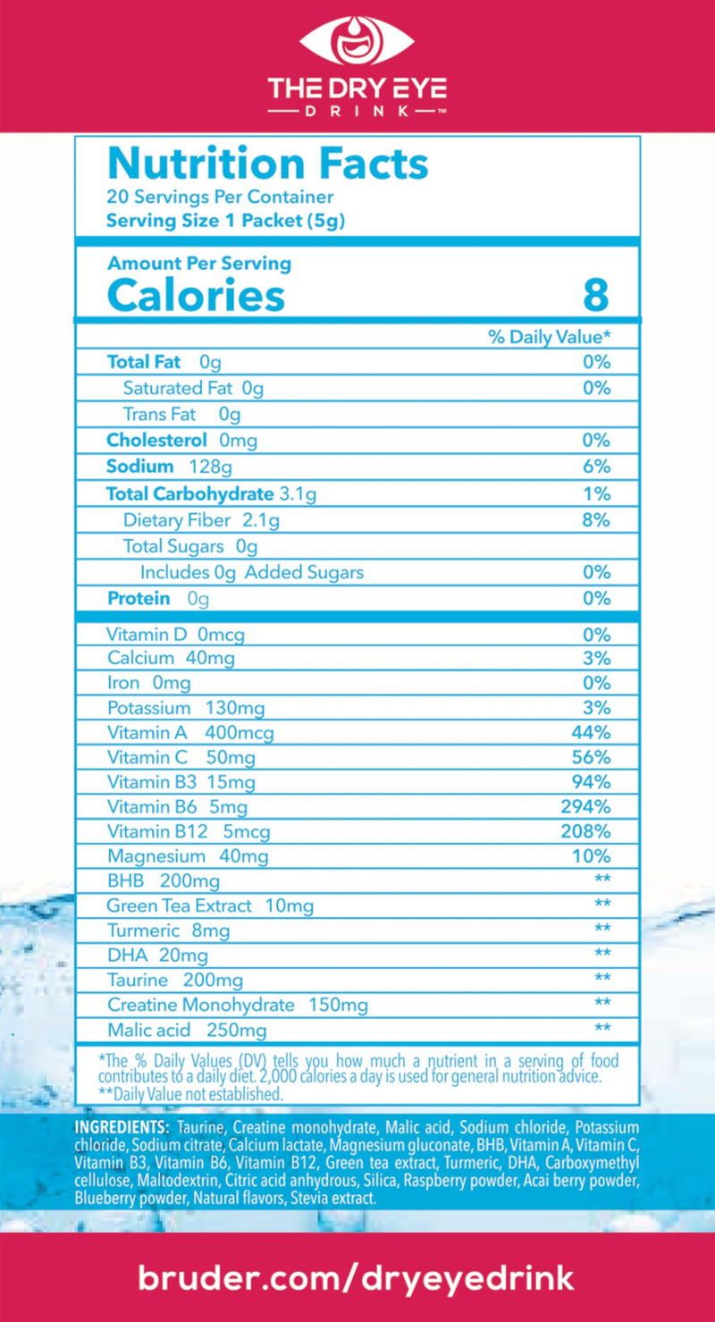 l Ultimate Hydration for Dry Eyes l Sugar-Free Electrolyte Powder Packets l Blended with Vitamins, Green Tea, Turmeric, Taurine, and DHA l 5g x 10 Packets (Mixed Berry)