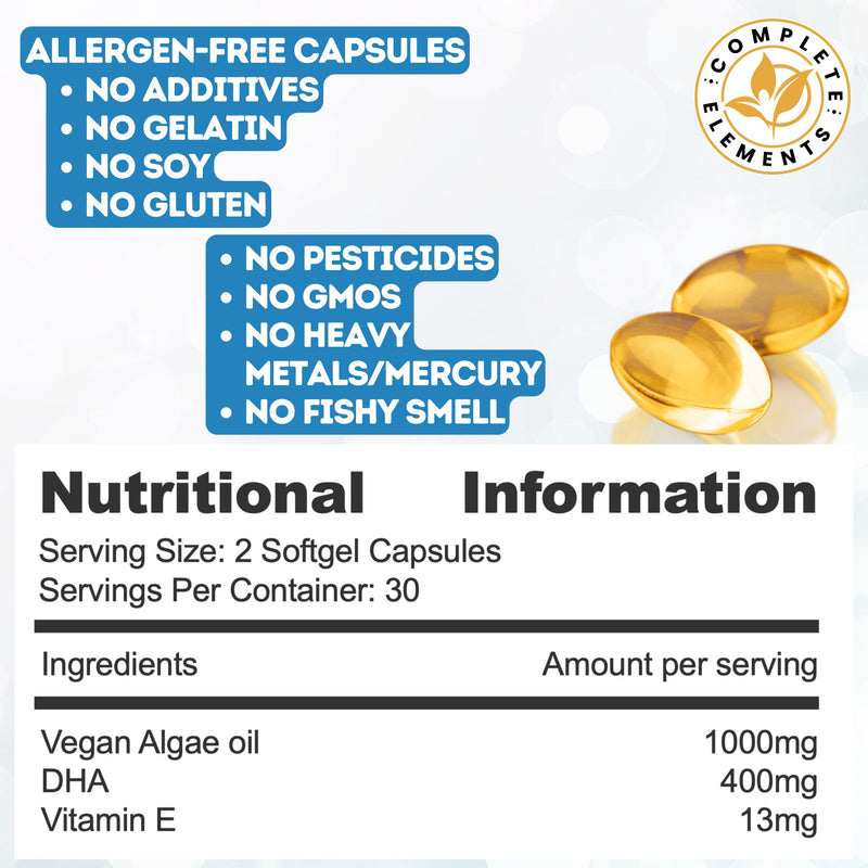 Vegan Omega 3 Algae Oil | Sustainable Algal Alternative to Fish Oil | 60 High Strength Capsules | 400mg DHA Supplement with Vitamin E | Vegetarian Essential Fatty Acids | Heart, Joints, Brain Health