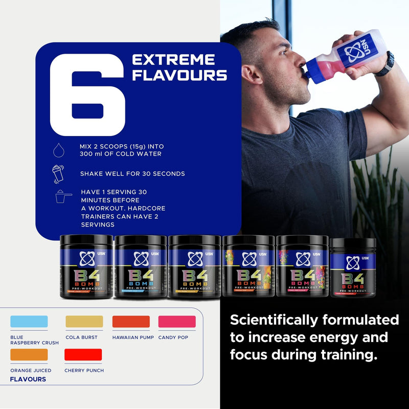 USN B4 Bomb Pre Workout Powder - 300g (20 Servings) Energy Drink Powder for Explosive Energy & Performance, 200mg Caffeine, 6000mg Citrulline, Creatine & 2000mg Beta Alanine - Blue Raspberry Flavour