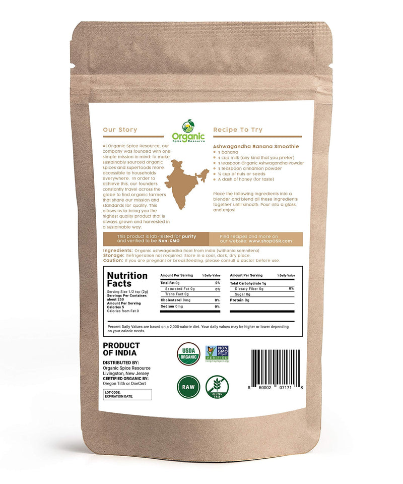 [Australia] - Organic Ashwagandha Root Powder - 1.10 lbs (17.64 oz) | Resealable Kraft Bag,Non-GMO, Indian Ginseng, Withania Somnifera -100% Raw from India, by SHOPOSR 1.1 Pound (Pack of 1) 