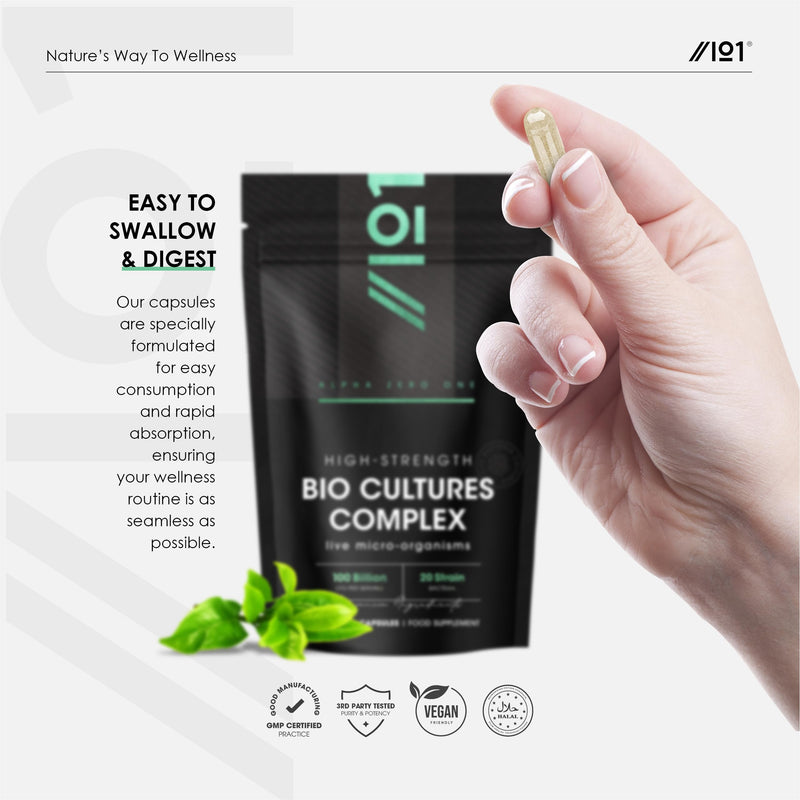 Bio Cultures Complex Probiotics - 100 Billion CFU - 20 Live Bacterial Cultures - 60 Vegan Capsules for Women & Men - Lactobacillus Acidophilus, Gasseri, Rhamnosus & Reuteri - By Alpha01
