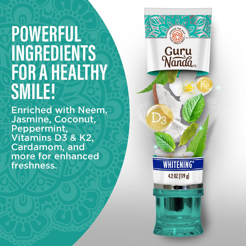 [Australia] - GuruNanda Hydroxyapatite Toothpaste, SLS & Fluoride Free (4 Pack), Whitening Toothpaste - Freshens Breath, Fights Plaque - with 2 Toothbrushes, 2 Tongue Scrapers & 2 Tube Squeezers 4.2 Ounce (Pack of 4) 