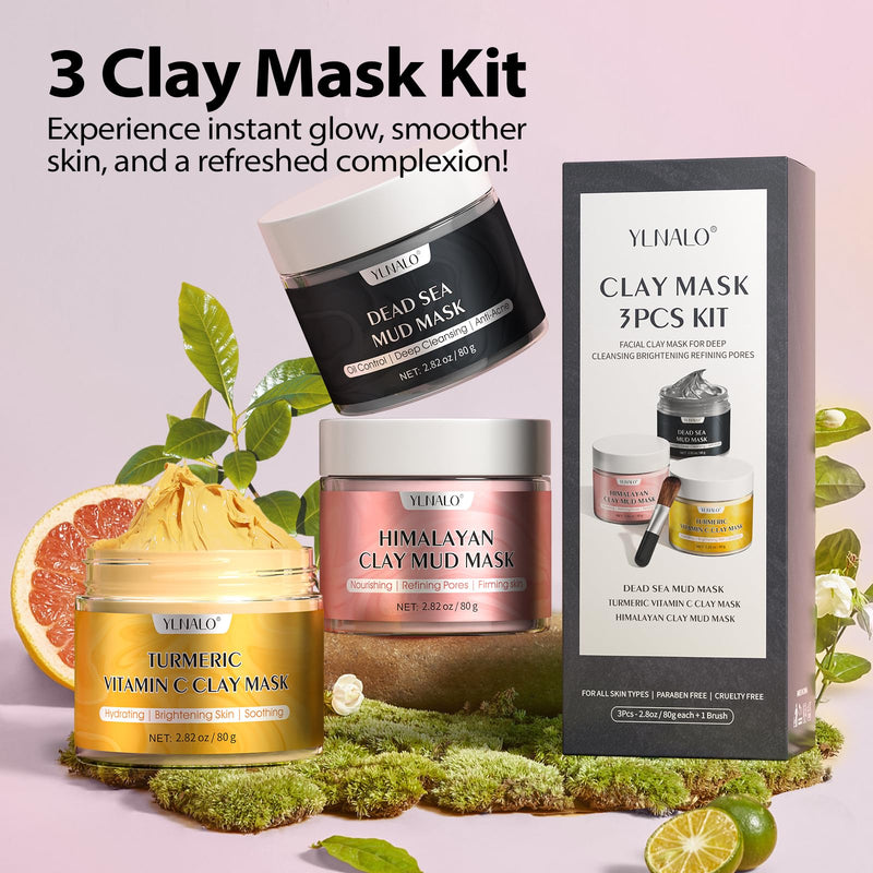 YLNALO Easter Gifts 3 Pcs Clay Facial Mask Set - Turmeric Vitamin C, Dead Sea and Himalayan Clay Skin Care Mask for Deep Cleansing, Moisturizing, and Refining Pores, Spa Facial Mask Set
