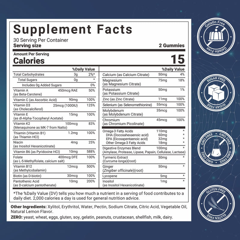 Mens Multivitamins Gummies, Methylated Multivitamin with Vitamins A C D K E | B Complex, Omega-3, Digestive Enzymes, Lycopene, Calcium, Magnesium - Support Brain, Muscle, Energy, Sugar Free, 60Cts 60 Count (Pack of 1)