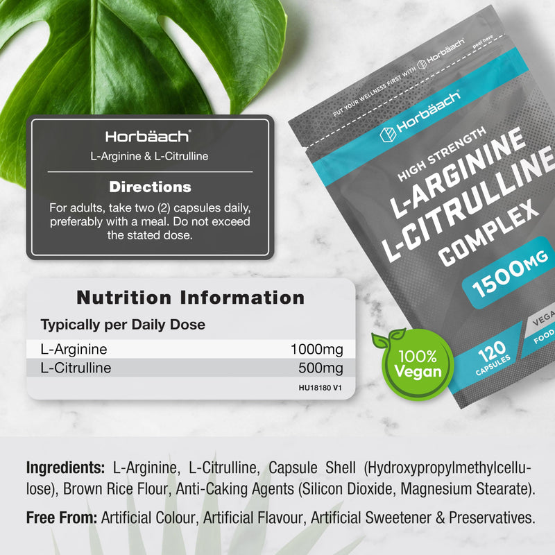[Australia] - L Arginine Citrulline Capsules High Dose 1500mg | Amino acid complex | 120 vegan capsules | from Horbaach 