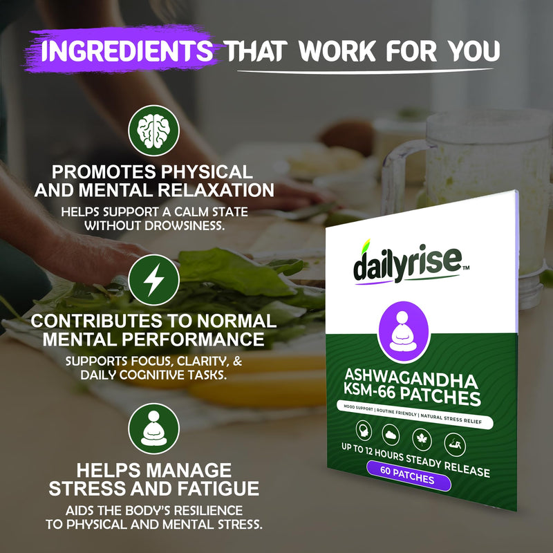 Dailyrise Ashwagandha KSM-66 Patches – 2 Months Supply | High Strength Fabric Patches for Calm, Relaxation, Stress Balance & Daily Wellness | Natural Routine - Friendly Alternative