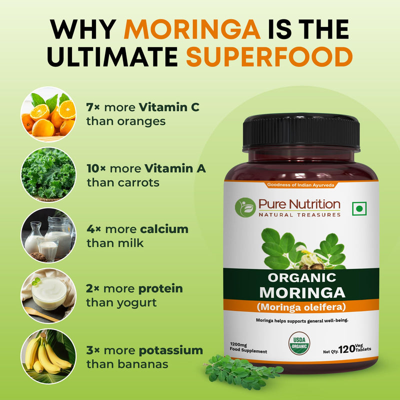 Pure Nutrition Organic Moringa 1200mg |120 Veg Tablets | USDA Certified Organic | Superfood with Vitamins, Minerals and Essential antioxidants | Vegan Supplement | Non-GMO