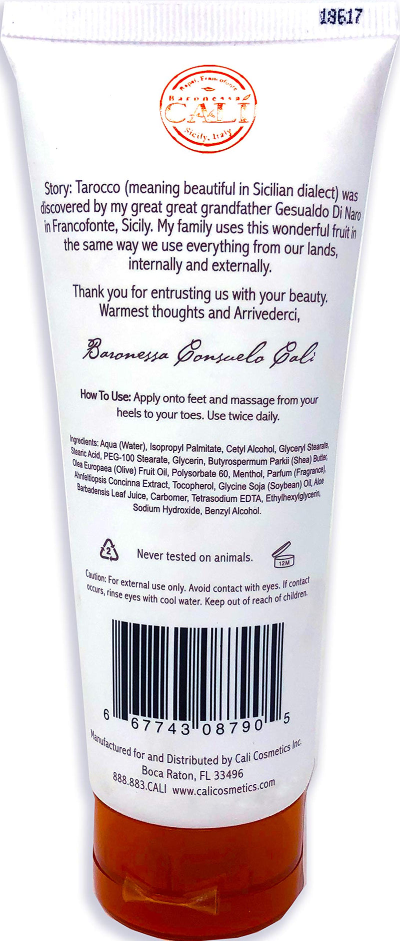 Baronessa Cali Tarocco Sicilian Blood Orange Foot Cream - Refreshing and Moisturizing - 4 Ounce