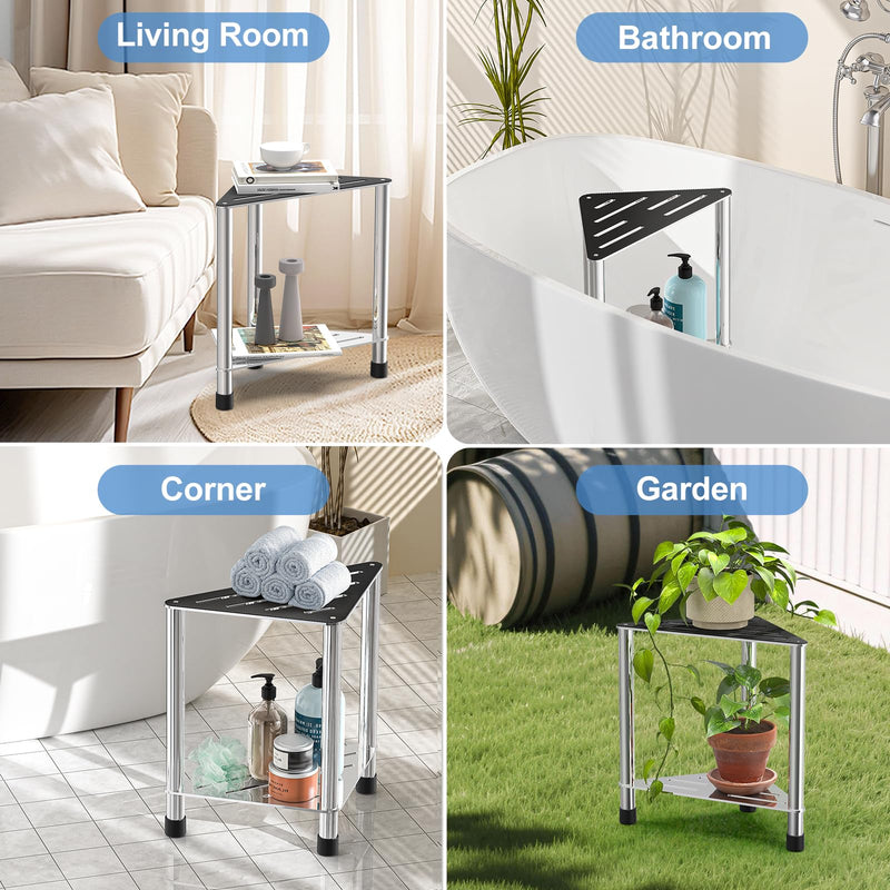 [Australia] - Stainless Steel Shower Stool for Inside Shower, 15.4'' H Shower Foot Rest, Corner Shower Stool with Storage Shelf, Shower Step for Shaving Legs, Bathroom Corner Shower Bench, Silver Medium 