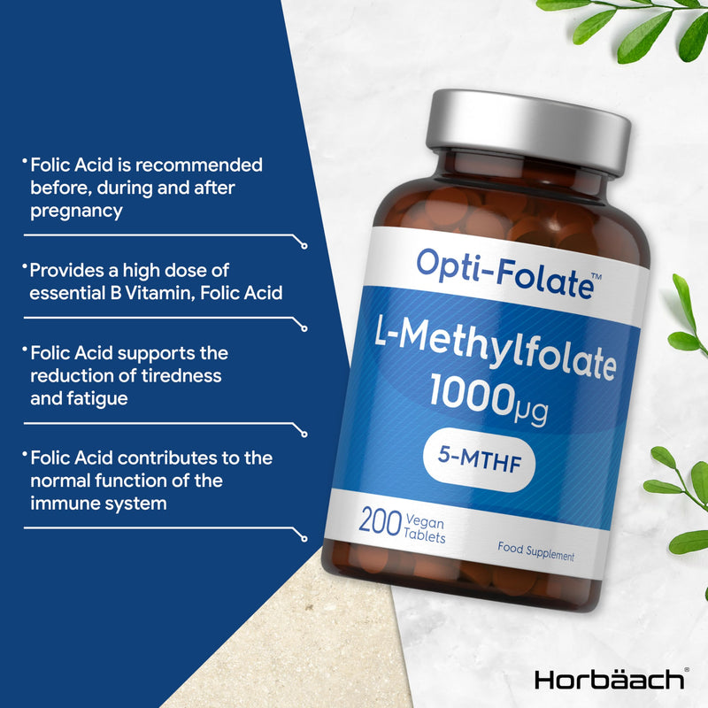 L-Methylfolate 5-MTHF 1000mcg | 200 Vegan Tablets (6+ Months Supply) | Active Form of Folic Acid | by Opti-Folate