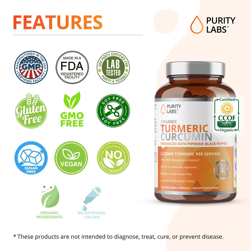 [Australia] - Organic Turmeric Curcumin with Black Pepper Bioperine 2,250 MG/Serving, 95% curcuminoids - Antioxidant Joint Supplement, Muscle & Brain Support - Turmeric Supplement, Non-GMO, Vegetarian, 120 Capsules 1 