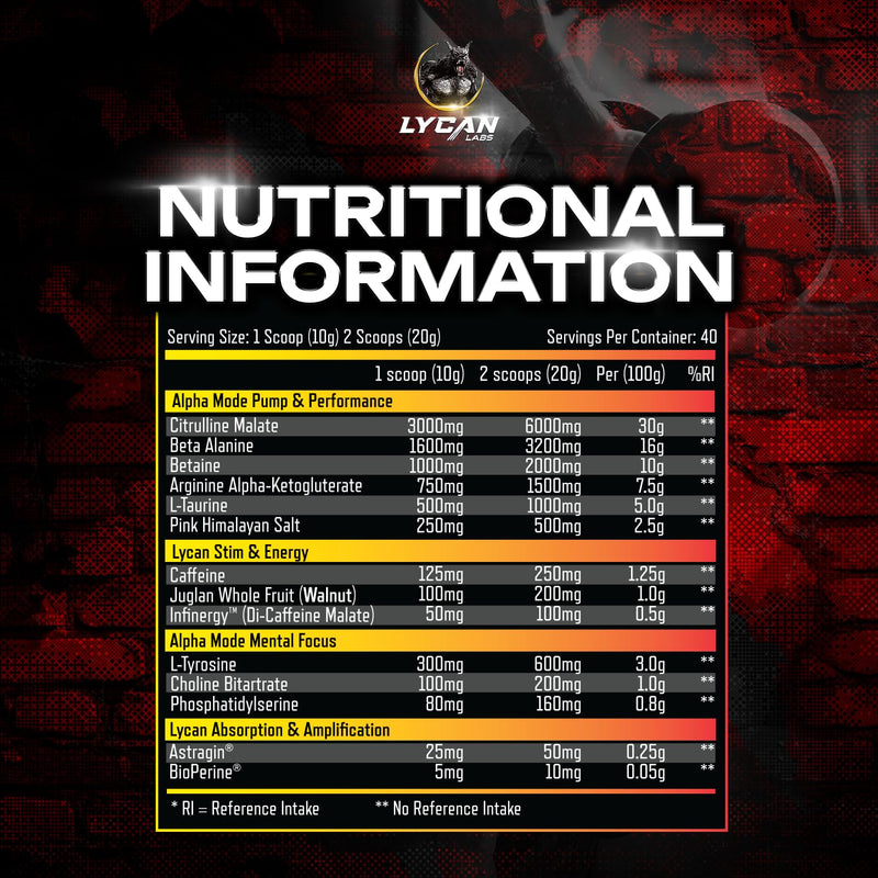 Wolfsbane Strong Pre Workout Powder – High Stim Energy, Pump & Focus, 350mg Caffeine, 6g Citrulline, 3.2g Beta‑Alanine, Mango, Pineapple & Orange, 40/20 Servings Lycan Blood - Mango, Pineapple, Orange