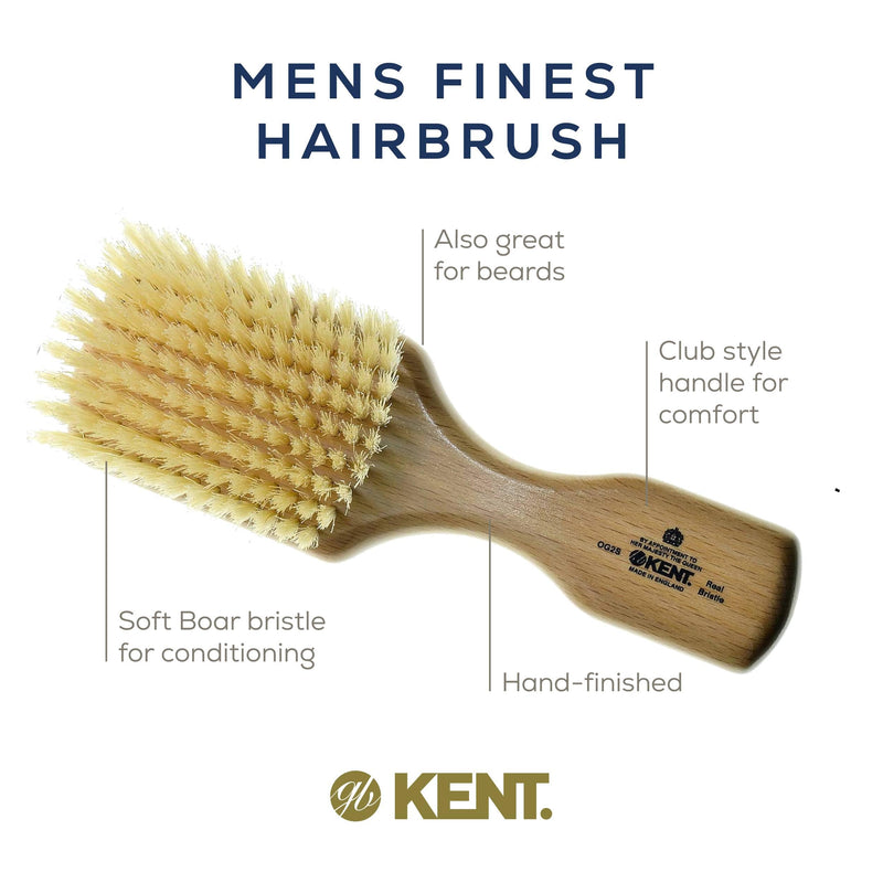Kent OG2S Beechwood Soft Bristle Hair & Facial Brush - Exfoliating Soft White Natural Boar Bristle Brush for Men's Grooming, Hair Care & Beard Straightener